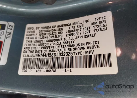 2013 Honda Cr-V Ex from USA, damaged, VIN 5J6RM4H58DL032325